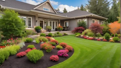 Foto op Canvas Beautiful backyard landscaping in a residential property, featuring flower beds in the landscape design. Beautifully designed garden with a luxurious backyard in the summertime. Nature. © Shehzad