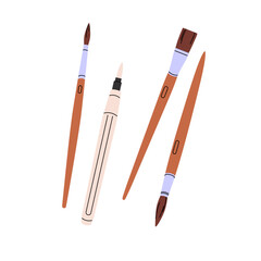 Different paintbrushes to paint. Wooden brushes for acrylic, gouache and plastic watercolour pencil. Drawing, painting tool. Art supplies, stationery. Flat isolated vector illustration on white