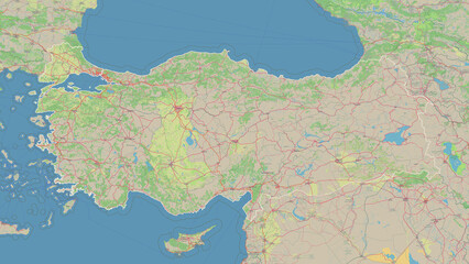 Türkiye outlined. OSM Topographic German style map