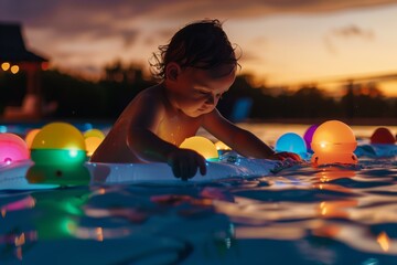 child playing with floating lightup pool toys at dusk