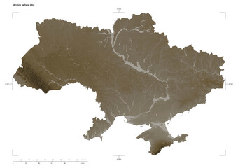 Ukraine before 2014 shape isolated on white. Sepia elevation map © zelwanka