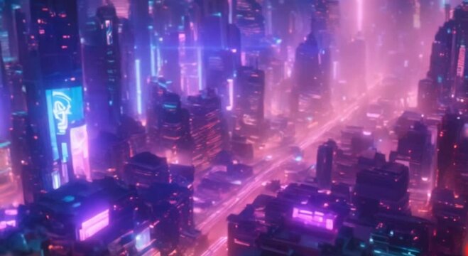 3d view of technological cyberpunk city in psychedelic