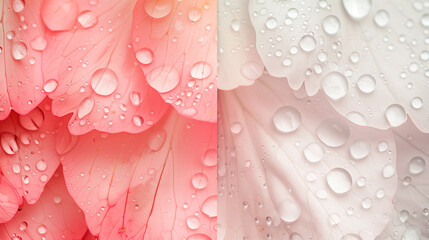 Close-up of pink and white petals with water drops. Spring floral background
