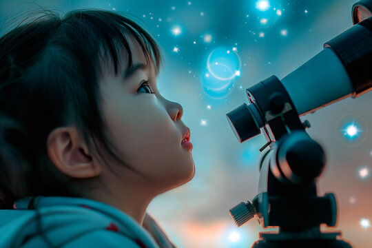 Small Asian girl discovering stars through telescope. Concept of childhood curiosity, science education, and exploration