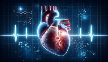 human heart with an overlay of an electrocardiogram (EKG) rhythm, molecular structures, and other scientific graphics, suggesting a high-tech medical analysis theme. 3d illustration.