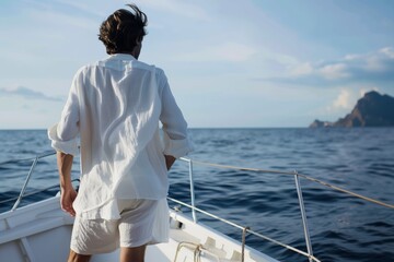 man in white linen shirt and shorts looking out to sea from boat