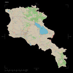 Armenia shape isolated on black. OSM Topographic standard style map
