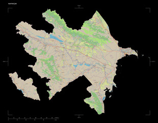 Azerbaijan shape isolated on black. OSM Topographic standard style map