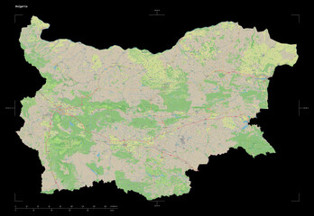 Bulgaria shape isolated on black. OSM Topographic standard style map