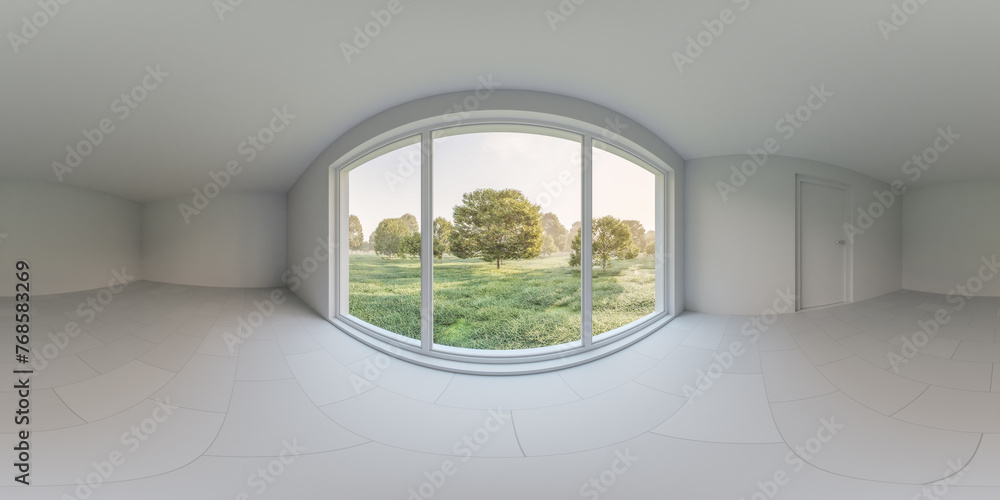 Poster panoramic view of a serene landscape through the window of an empty room 360 panorama vr environment