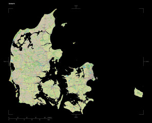 Denmark shape isolated on black. OSM Topographic standard style map