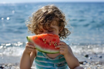 child eating watermelon slice by the sea