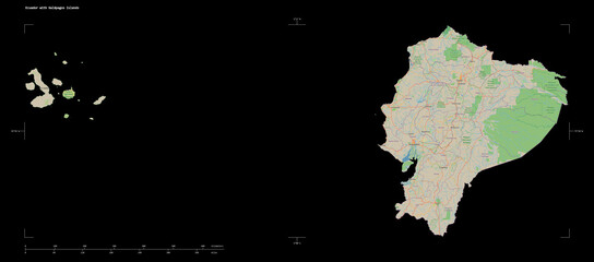 Ecuador with Galápagos Islands shape isolated on black. OSM Topographic standard style map
