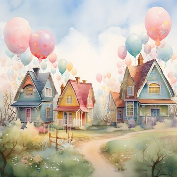 Colorful Pastel-Hued Cottages Floating on a Whimsical Spring Breeze with Wispy Smoke Curling from Chimneys