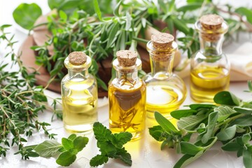 bottles of essential oils with fresh herbs on table - obrazy, fototapety, plakaty