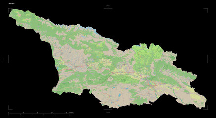 Georgia shape isolated on black. OSM Topographic standard style map