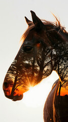 Silhouette of horse’s head, golden hour, sun filtering through trees, vertical aspect