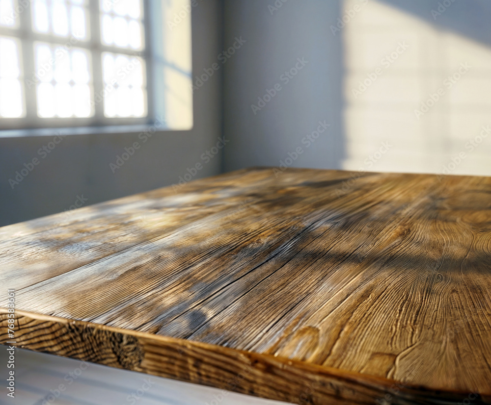 Poster close-up of wooden table surface with sunlight casting shadows through window panes. interior design