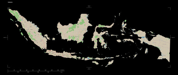 Indonesia shape isolated on black. OSM Topographic standard style map