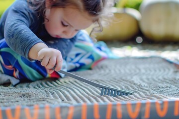 child with a mini rake creating lines in a portable zen garden - obrazy, fototapety, plakaty