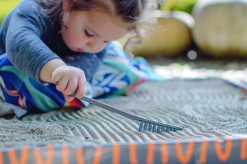 Dekokissen child with a mini rake creating lines in a portable zen garden © Alfazet Chronicles