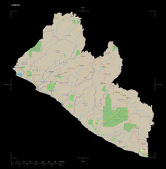 Liberia shape isolated on black. OSM Topographic standard style map