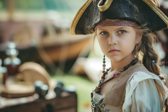 Portrait of a girl in the image of a pirate at a children's costume party