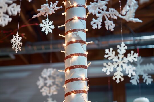 barbers pole wrapped in string lights, snowflakes hanging from ceiling