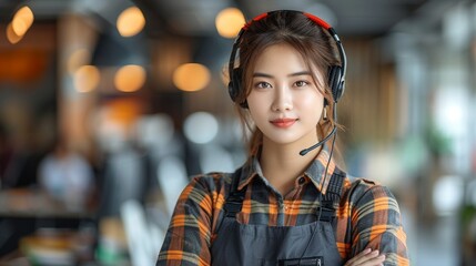 A young Asian woman in a call center with a headset representing a team of professionals - Powered by Adobe