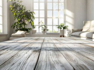 Sunlit spacious room with white rustic wooden flooring and potted green plants near large bright windows background. High quality photo