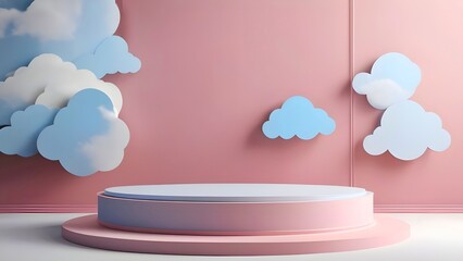 Minimal scene of pink podium with baby blue clouds on the wall. 3d rendering illustration with copy space for mock up, display, showcase, backdrop, product placement