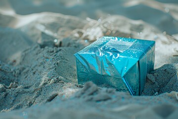 gift box with shimmering blue wrapping, halfburied in sea sand