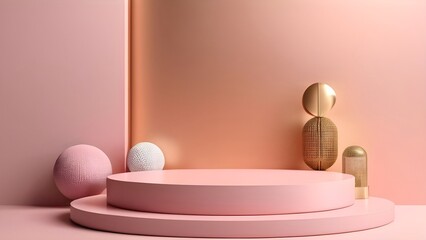 3d rendering of abstract minimal geometric forms, pink round podium on rose gold background. Illustration with copy space for mock up, display, showcase, backdrop, product placement