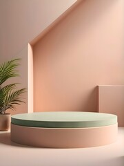 3d rendering of peachy and sot green round podium on minimal geometric forms background. Illustration with copy space for mock up, display, showcase, backdrop, product placement