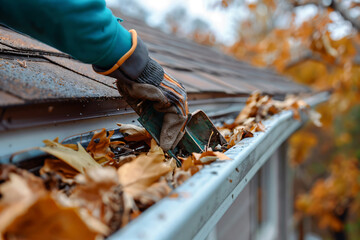 a close-up view, an worker is on the roof of a house. scooping out the eavestrough or roof gutters to clean in preparation for the upcoming winter. - obrazy, fototapety, plakaty