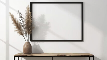 A black picture frame with a blank white canvas on the wall above a table, a vase of flowers, a...