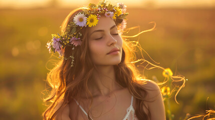  young female model with flower crown swaying to the music, his eyes closed in pure bliss
