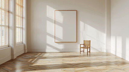A large white wall with an empty picture frame on it sits in the center of a room with light wood floors and windows covered by blinds. A small chair is placed next to the window, with soft sunlight s