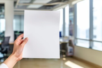 hand displaying blank paper with a blurred office backdrop