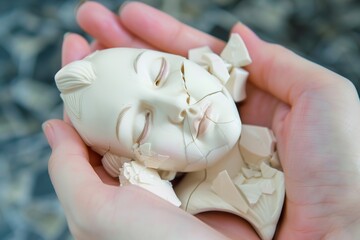 top view of broken porcelain figurine in hands