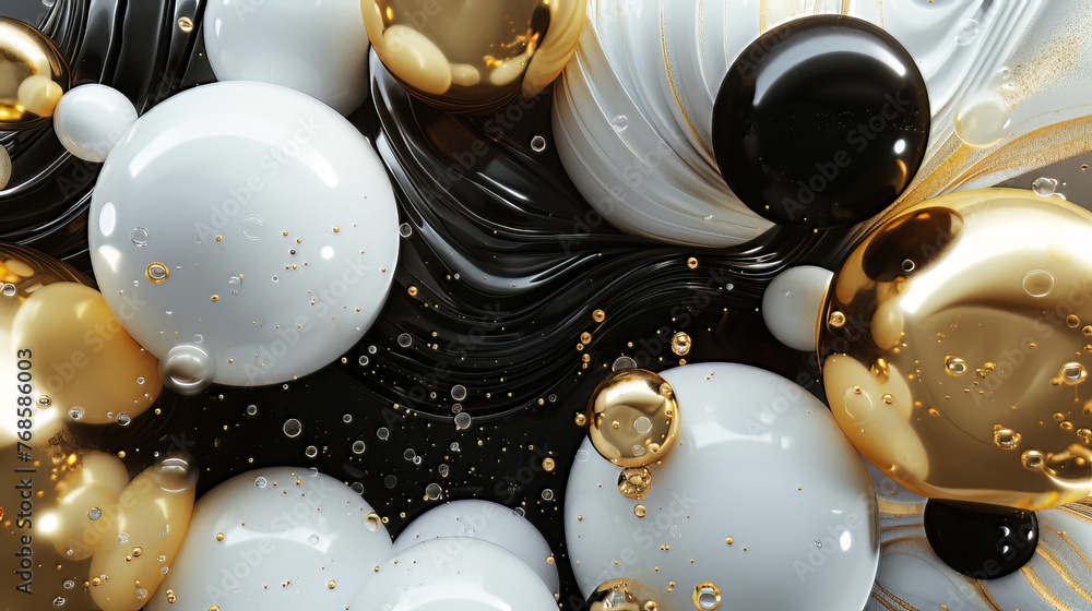 Aufkleber imagine a captivating 3d render featuring a cluster of abstract spheres and solids in gold, white, a