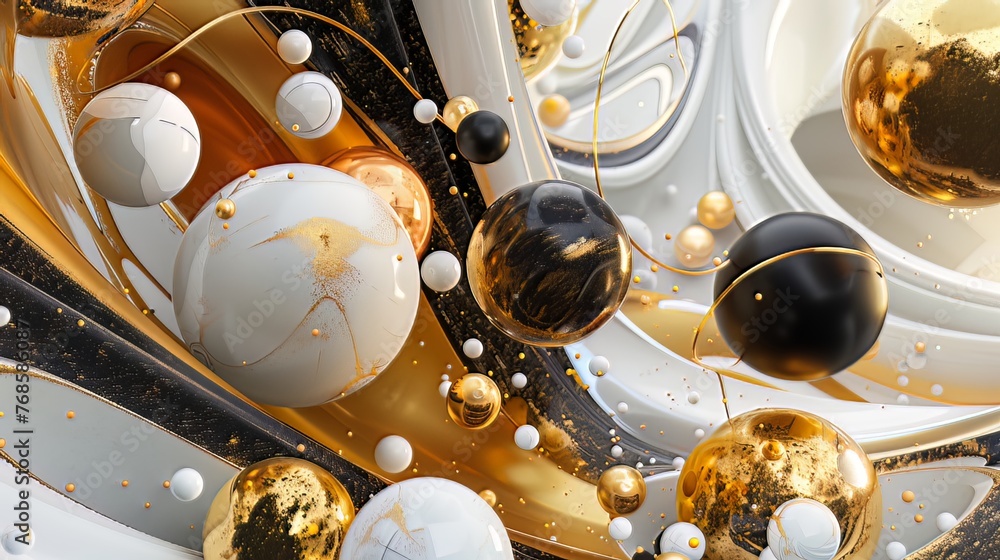 Aufkleber imagine a captivating 3d render featuring a cluster of abstract spheres and solids in gold, white, a