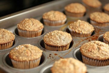 baking tray of wheat bran muffins, just from the oven