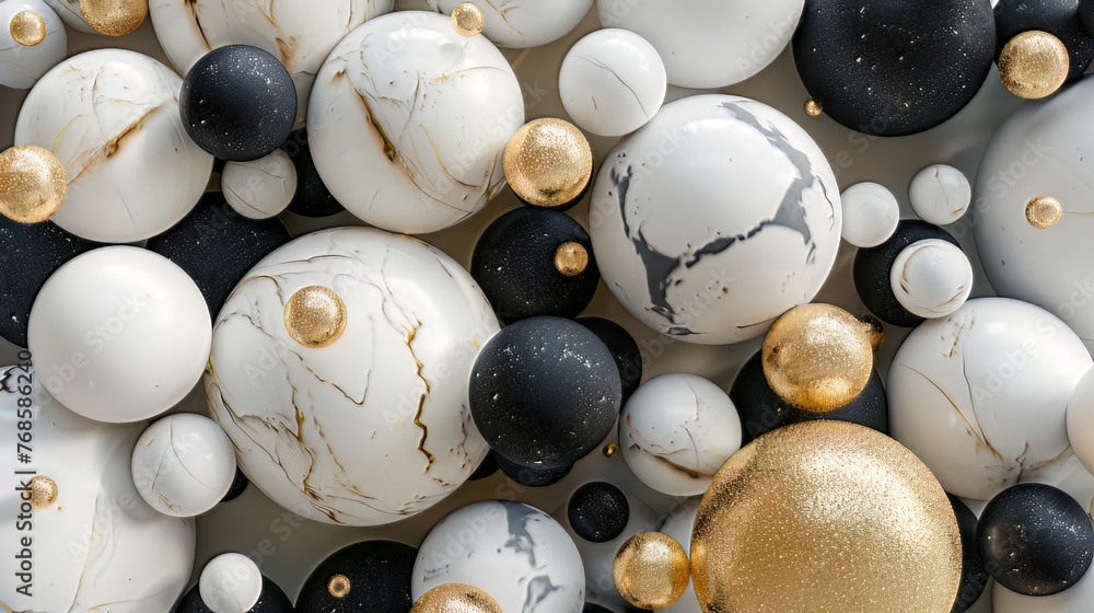 Aufkleber imagine a captivating 3d render featuring a cluster of abstract spheres and solids in gold, white, a
