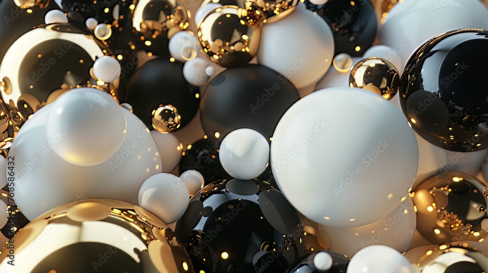 Aufkleber imagine a captivating 3d render featuring a cluster of abstract spheres and solids in gold, white, a