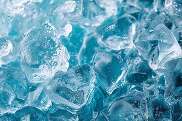 Ice texture background. The textured cold frosty surface of ice block on blue background - obrazy, fototapety, plakaty