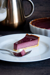 Slice of pie on plate with fork food presentation