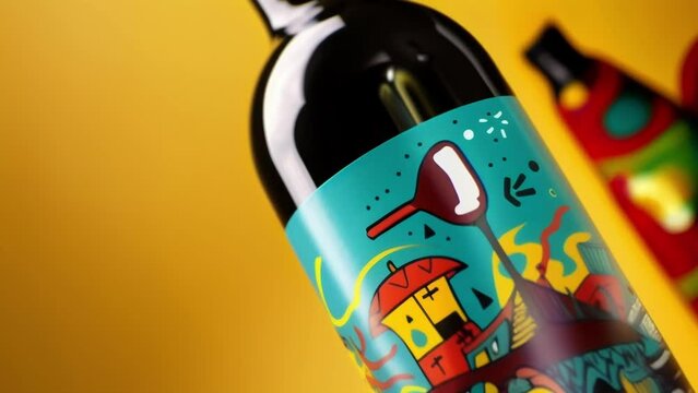 A playful wine bottle with a label featuring a cartoon illustration of a wine pourer and fun handdrawn text.