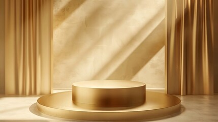 Fototapeta na wymiar Golden podium on beige background with natural shadows. Perfect platform for your product. 3d rendering . ai generative