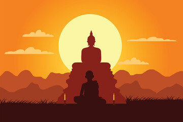 monk vector Sitting and meditating in front of the Buddha statue, Buddhism